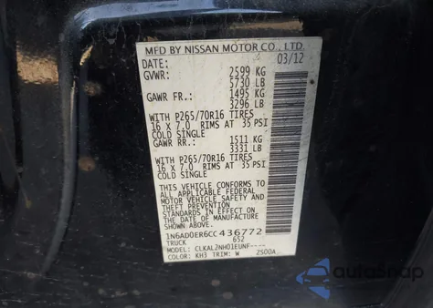 2012 Nissan Frontier Sv z USA, uszkodzony, nr VIN 1N6AD0ER6CC436772
